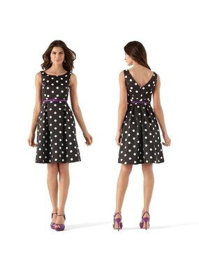 White House Black Market Dress Womens Sz 8 Polka Dot Fit Flare Round Neck Pin-Up
